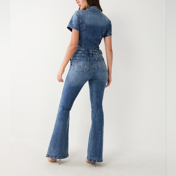 TRUE RELIGION DENIM FLARE JUMPSUIT SIZE SMALL COLOR GHOST WAVE - Picture 10 of 16
